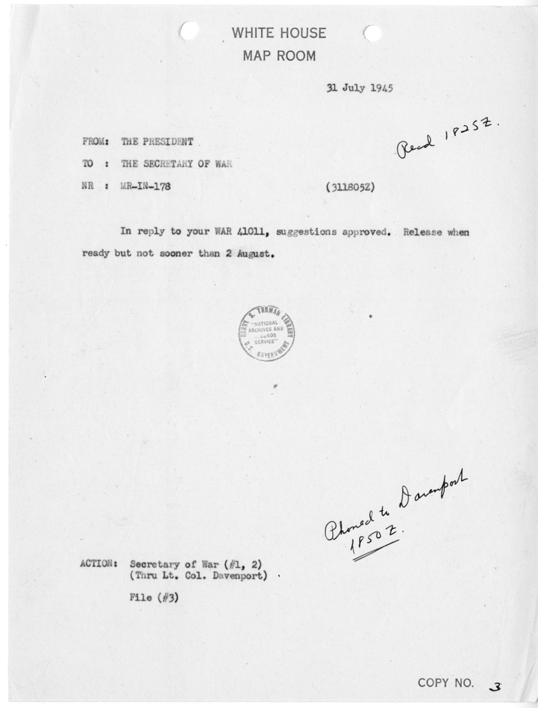 Memorandum from President Harry S. Truman to Secretary of War Henry L. Stimson [MR-IN-178]