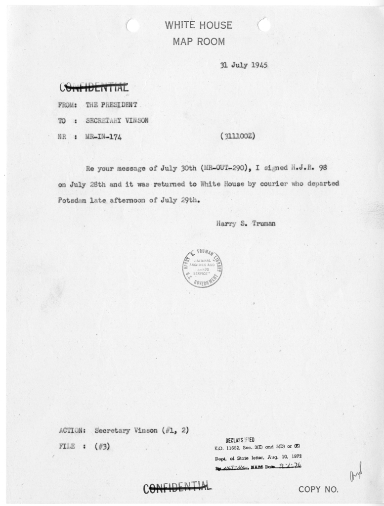 Memorandum from President Harry S. Truman to Secretary of the Treasury Fred M. Vinson [MR-IN-174]