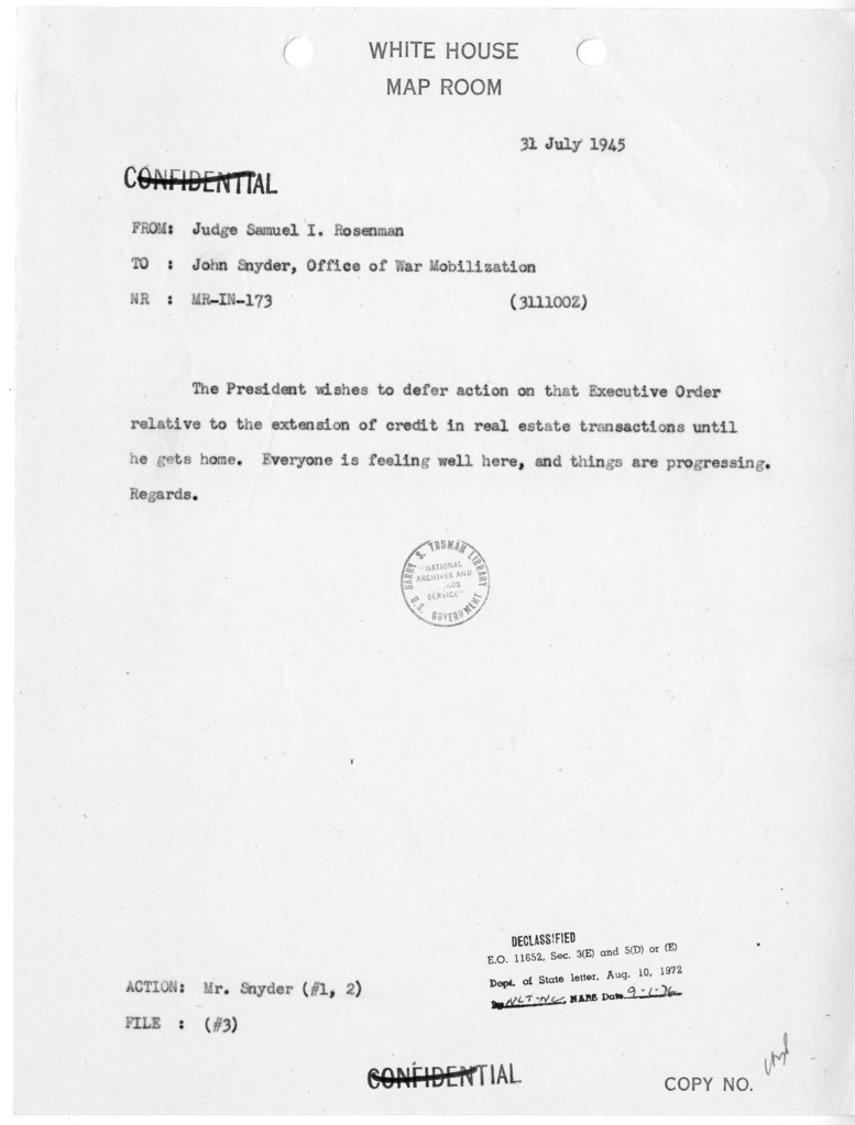 Memorandum from Samuel I. Rosenman to John W. Snyder [MR-IN-173]