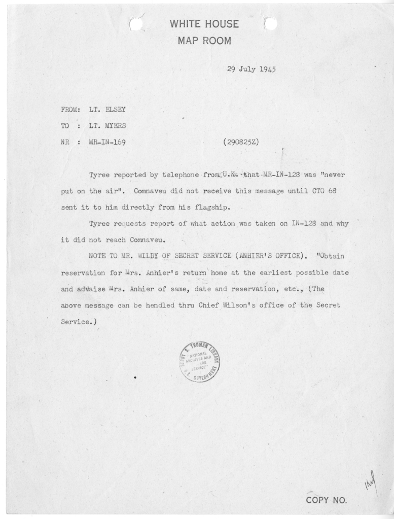 Memorandum from Lieutenant George M. Elsey to Lieutenant Myers [MR-IN-169]