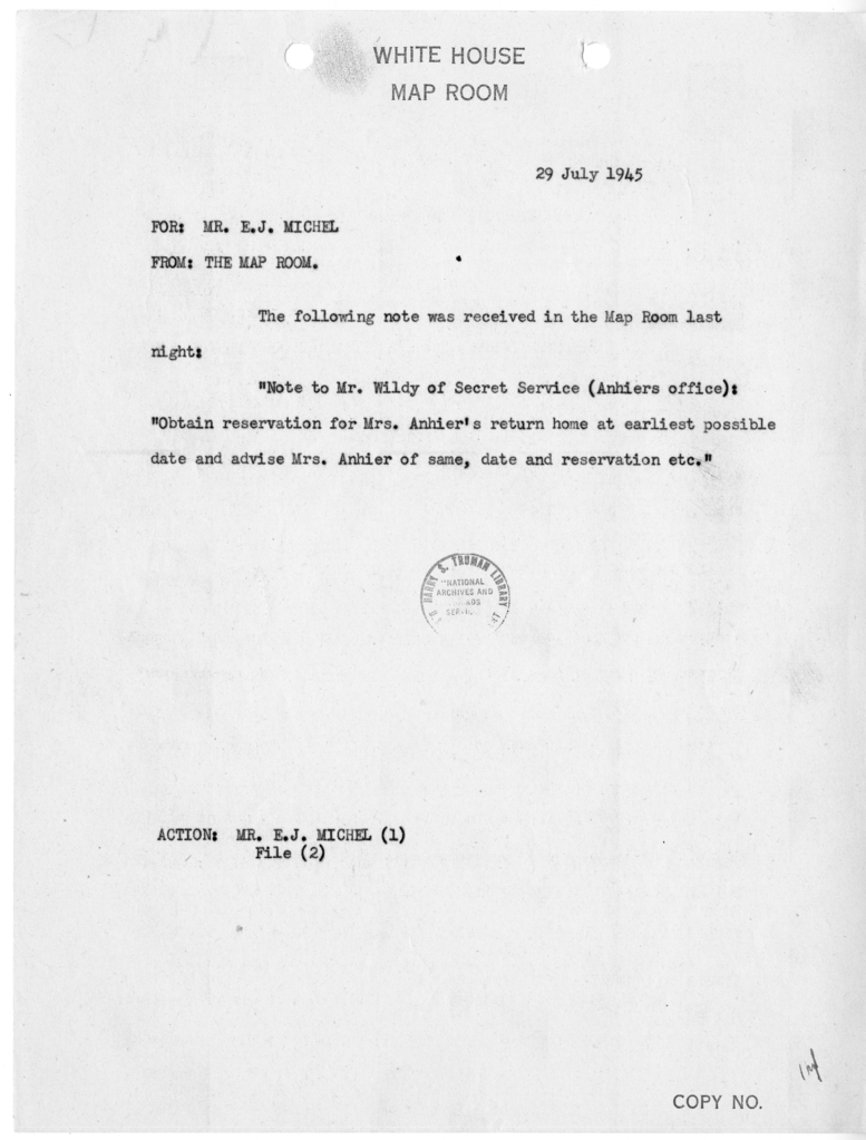 Memorandum from the White House Map Room to Mr. E. J. Michel