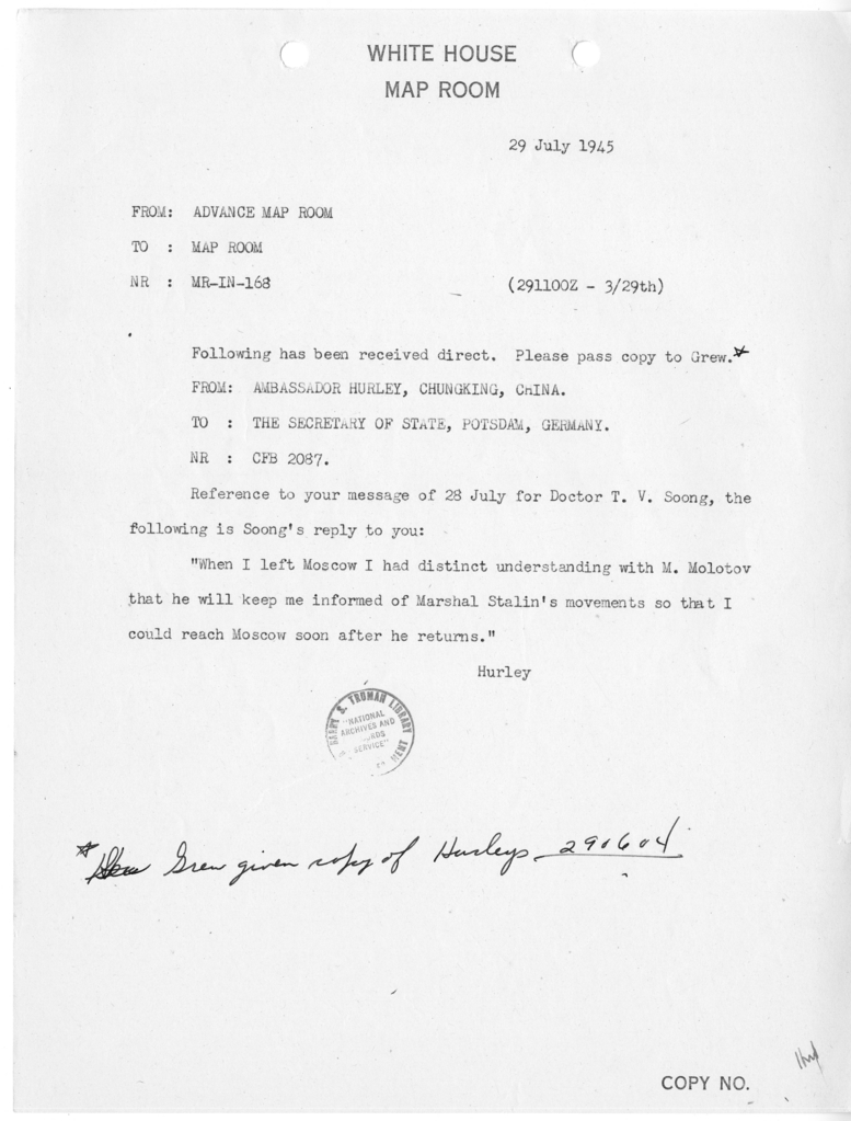 Memorandum from the Advance Map Room to the White House Map Room [MR-IN-168]
