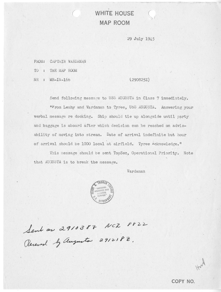 Memorandum from Captain James K. Vardaman to the White House Map Room [MR-IN-166]