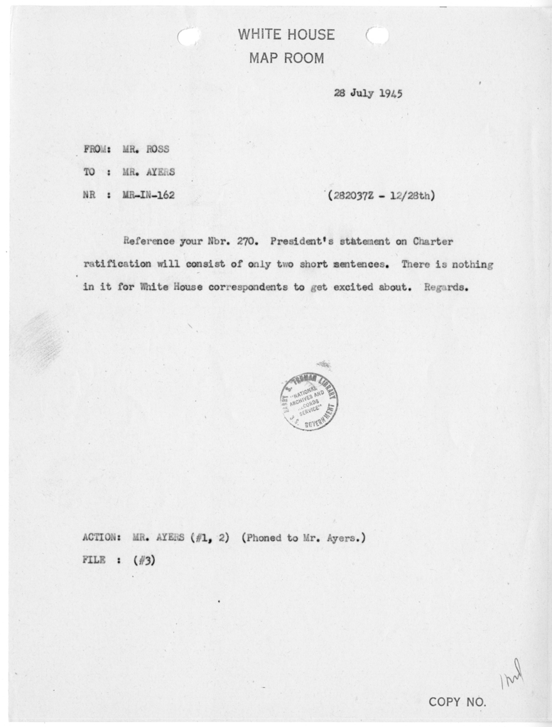 Memorandum from Charles G. Ross to Eben Ayers [MR-IN-162]