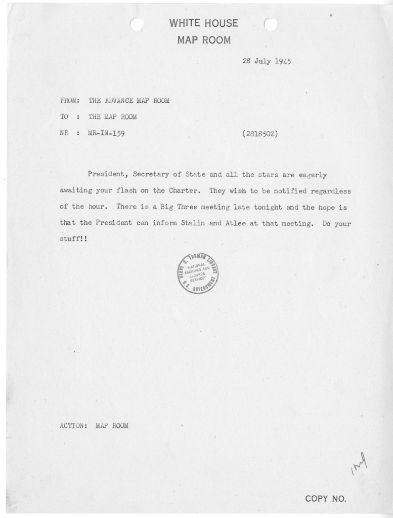 Memorandum from the Advance Map Room to the White House Map Room [MR-IN-159]