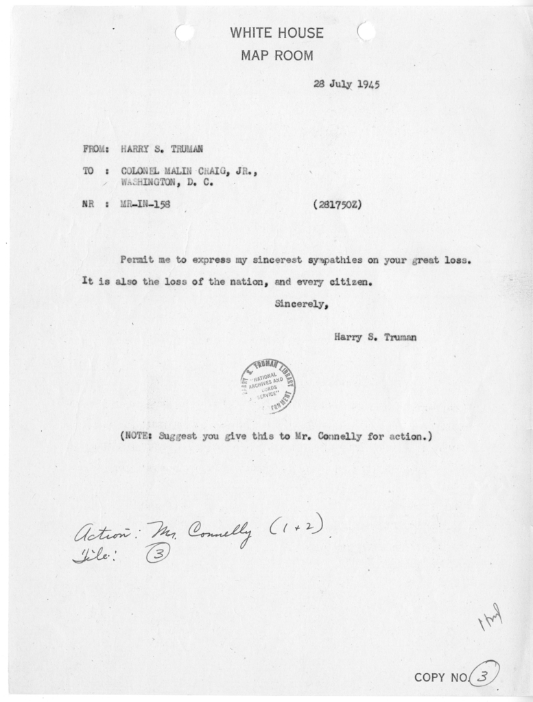 Telegram from President Harry S. Truman to Colonel Malin Craig, Jr. [MR-IN-158]