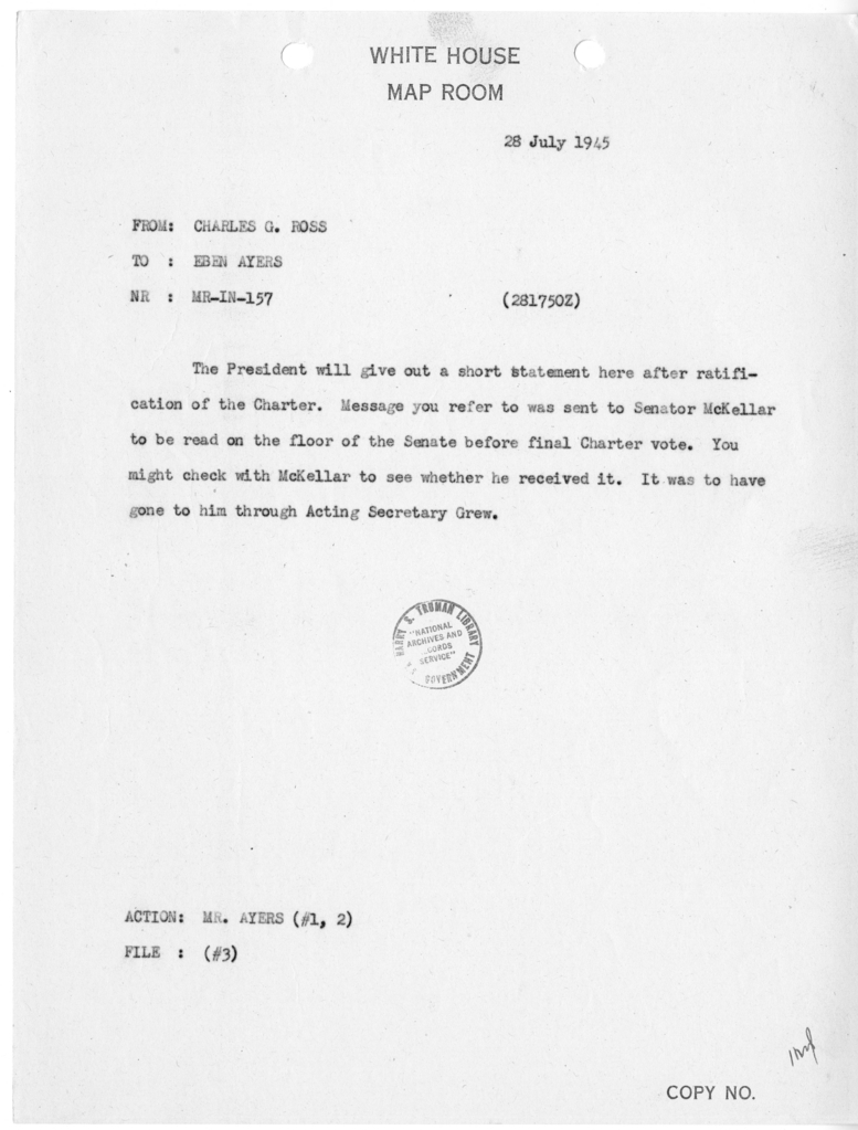 Memorandum from Charles G. Ross to Eben A. Ayers [MR-IN-157]
