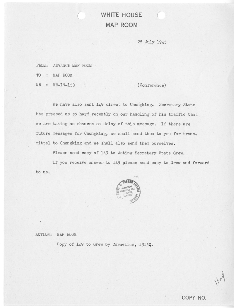 Memorandum from the Advance Map Room to the White House Map Room [MR-IN-153]