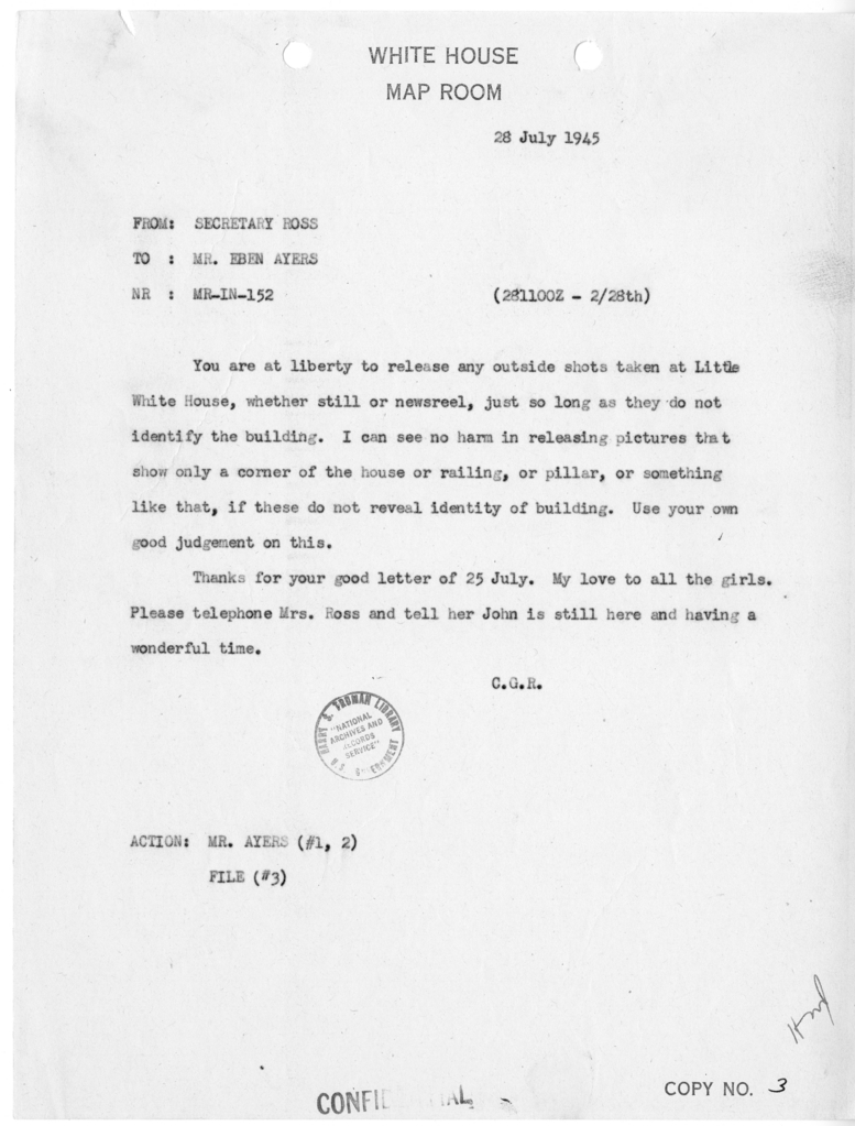Telegram from Secretary Charles G. Ross to Eben Ayers [MR-IN-152]