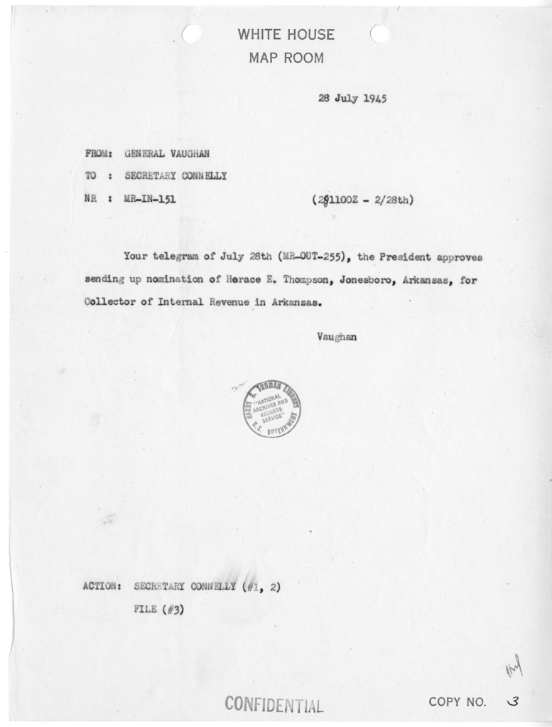 Memorandum from Brigadier General Harry Vaughan to Matthew J. Connelly [MR-IN-151]