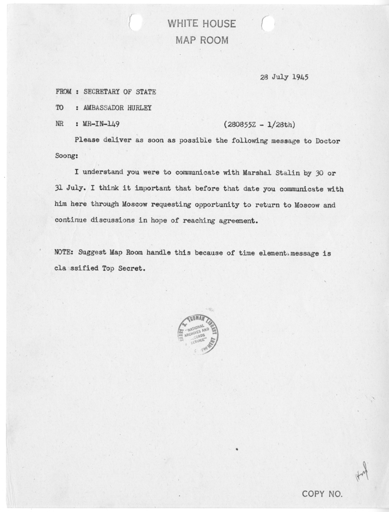 Memorandum from Secretary of State James F. Byrnes to Ambassador Patrick J. Hurley [MR-IN-149]