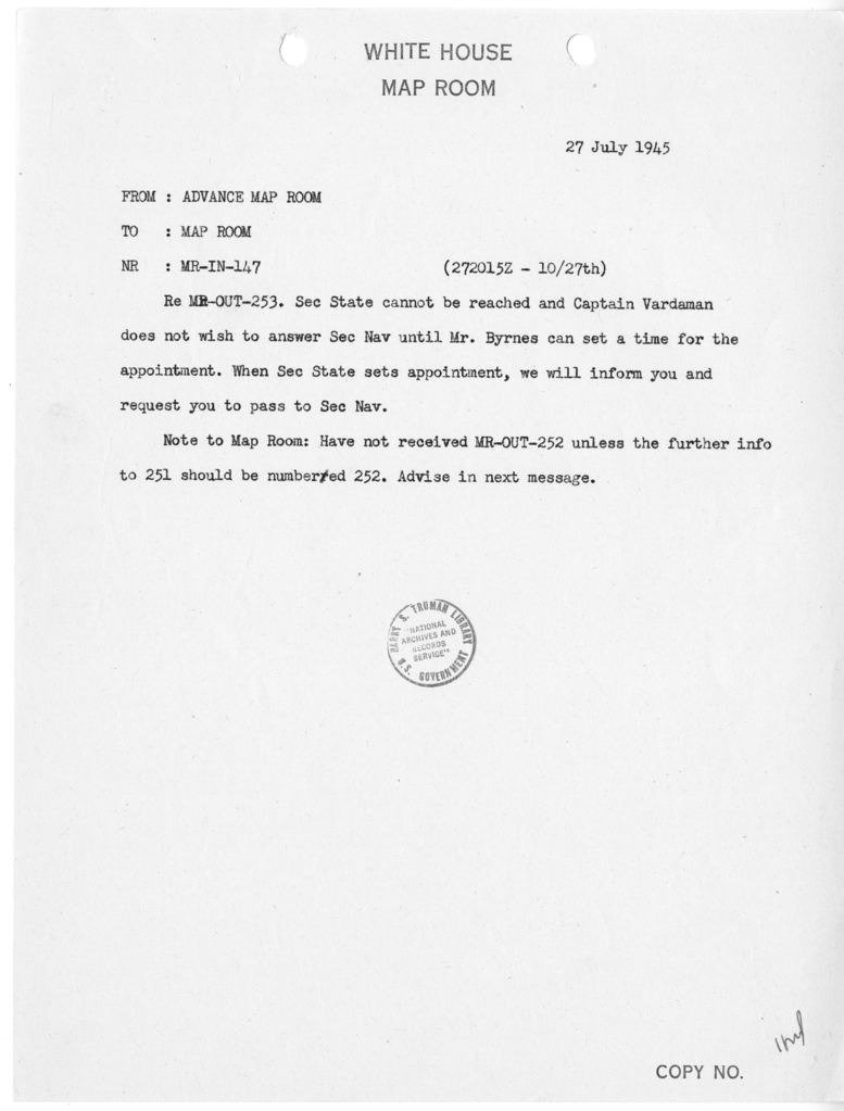 Memorandum from the Advance Map Room to the White House Map Room [MR-IN-147]