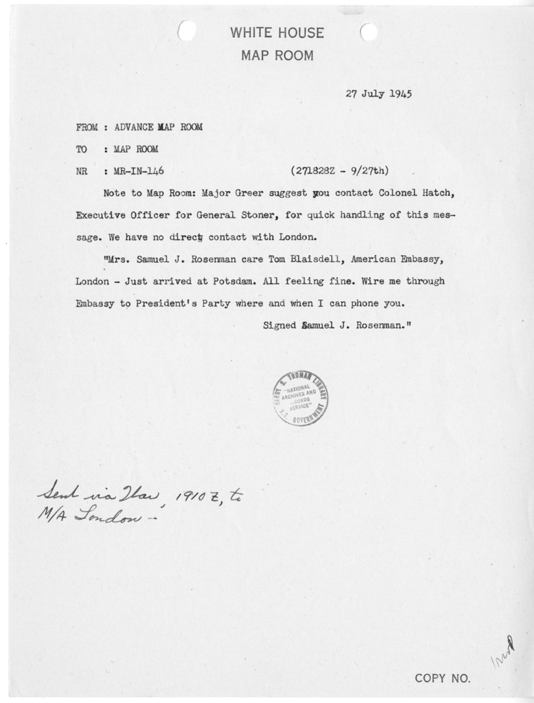 Telegram from the Advance Map Room to the Map Room [MR-IN-146]