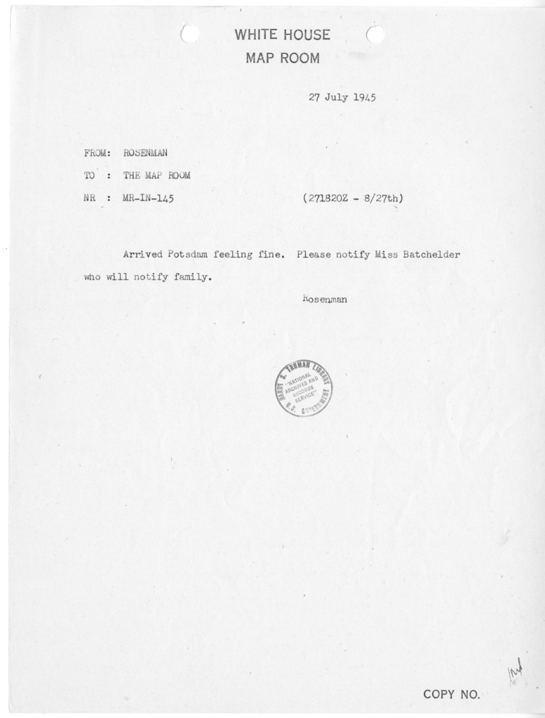 Memorandum from Samuel I. Rosenman to the White House Map Room [MR-IN-145]