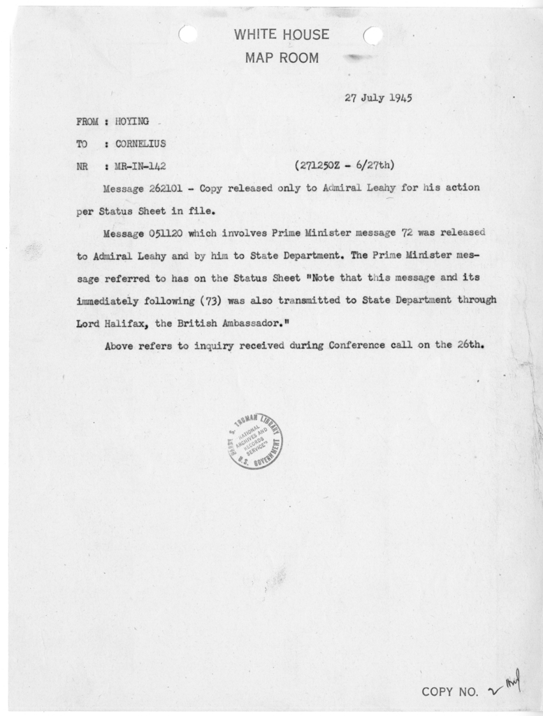 Telegram from Hoying to Cornelius [MR-IN-142]