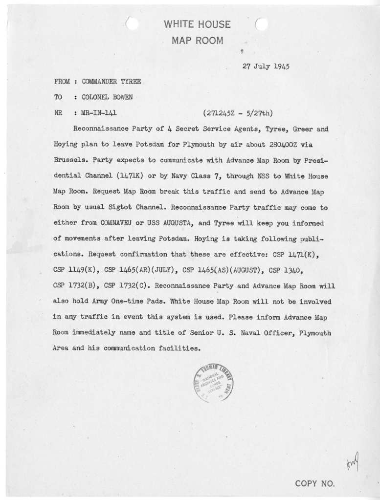 Telegram from Commander John A. Tyree to Colonel Bowen [Mr-IN-141]