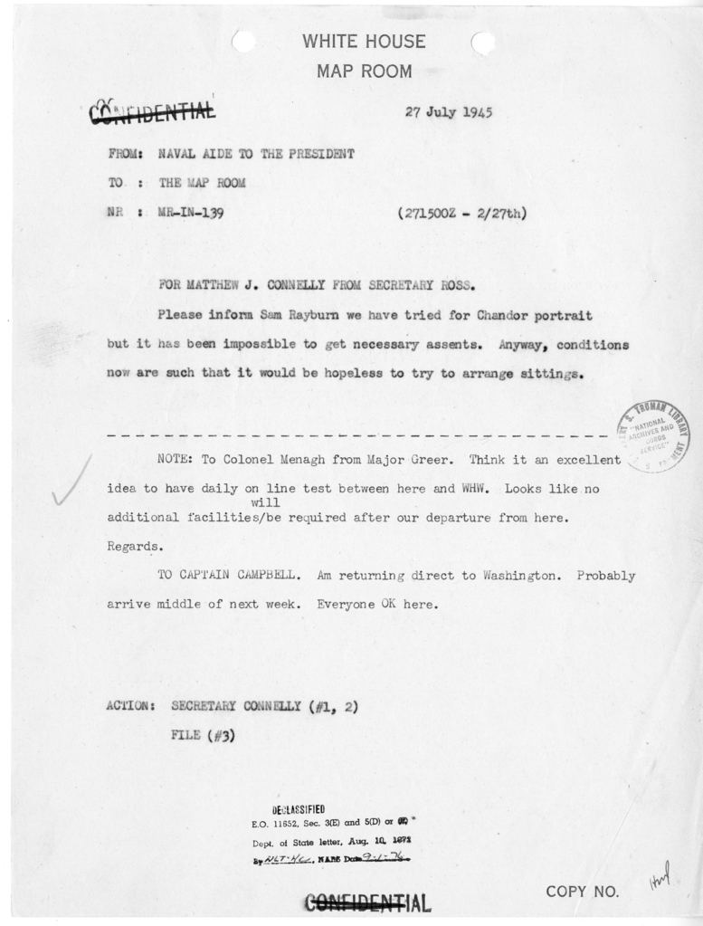 Memorandum from Captain James K. Vardaman to the White House Map Room [MR-IN-139]
