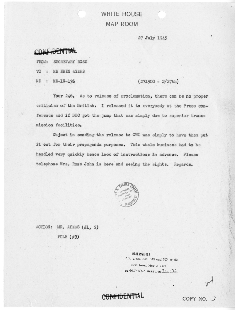 Memorandum from Charles G. Ross to Eben A. Ayers [MR-IN-136]