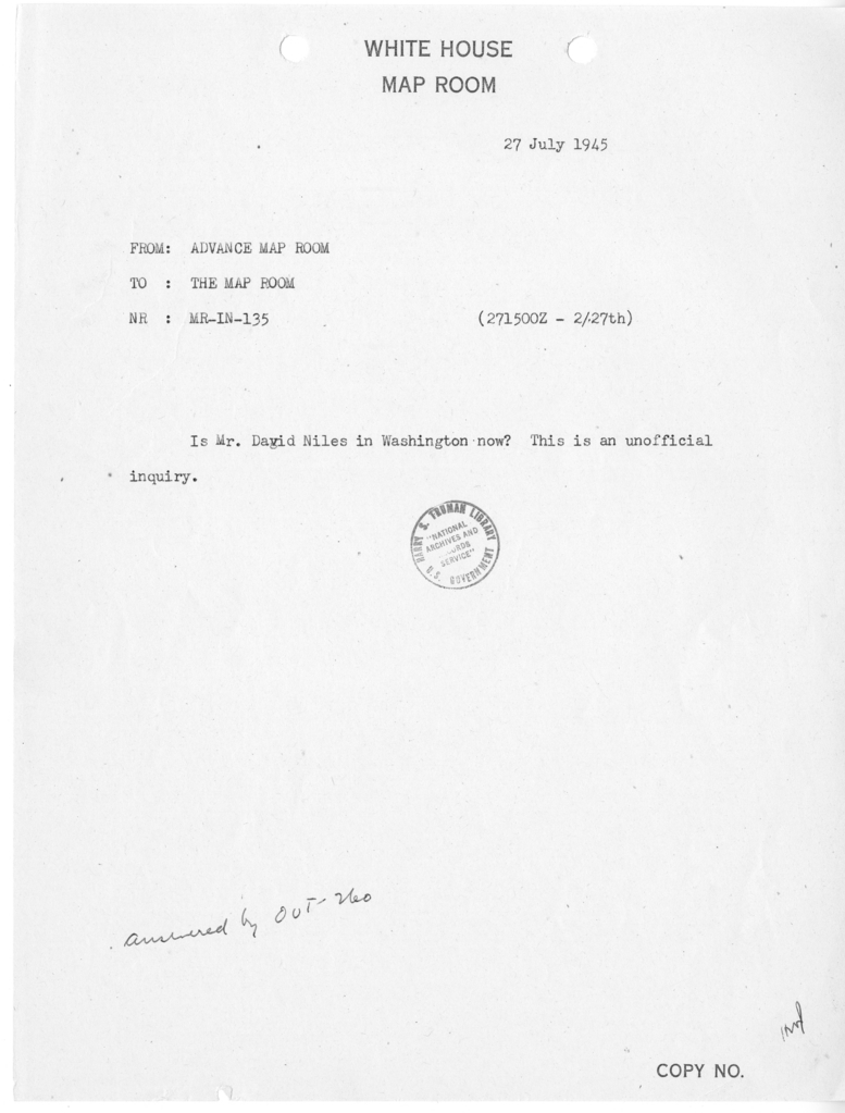 Memorandum from the Advance Map Room to the White House Map Room [MR-IN-135]