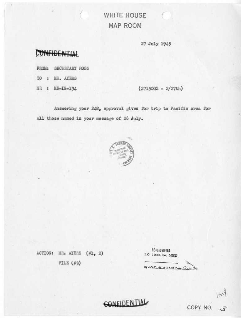 Memorandum from Charles G. Ross to Eben Ayers [MR-IN-134]
