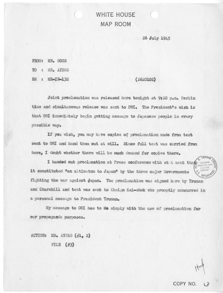 Telegram from Charles G. Ross to Eben Ayers [MR-IN-132]