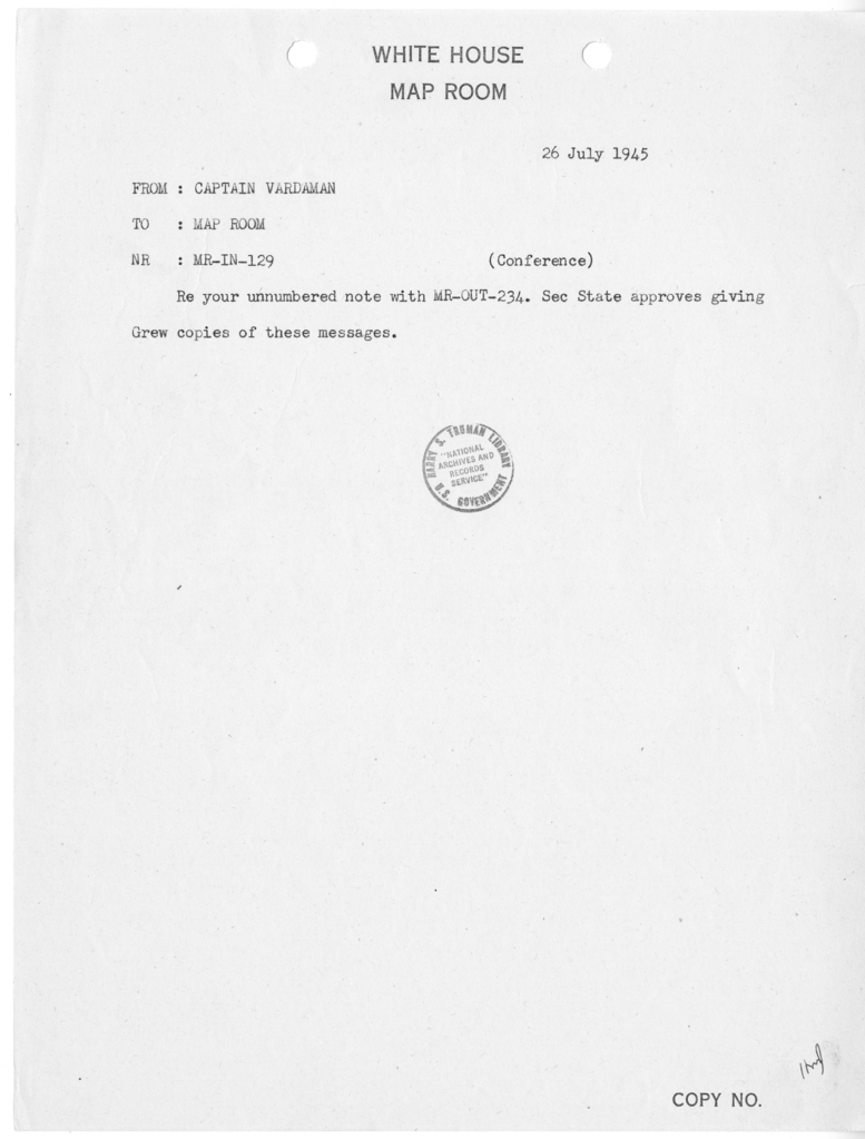 Memorandum from Captain James K. Vardaman to the White House Map Room [MR-IN-129]