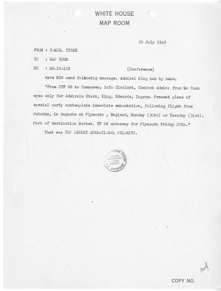 Memorandum from Commander John A. Tyree to the White House Map Room [MR-IN-128]