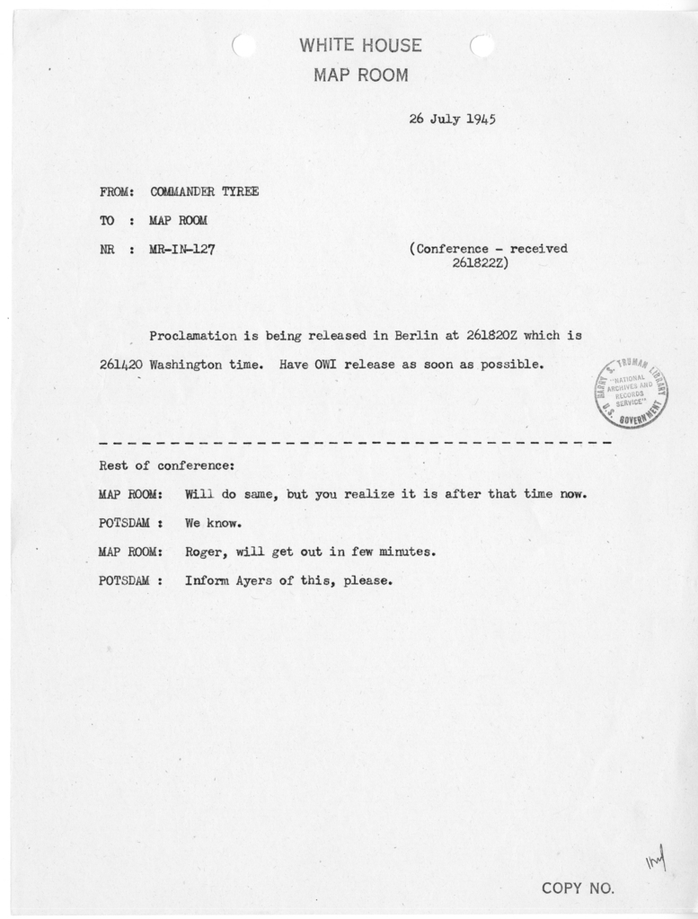 Memorandum from Commander John A. Tyree to the White House Map Room [MR-IN-127]