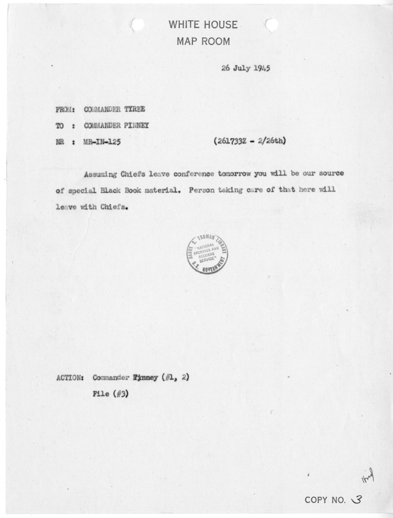 Memorandum from Commander John A. Tyree to Commander F. L. Pinney [MR-IN-125]