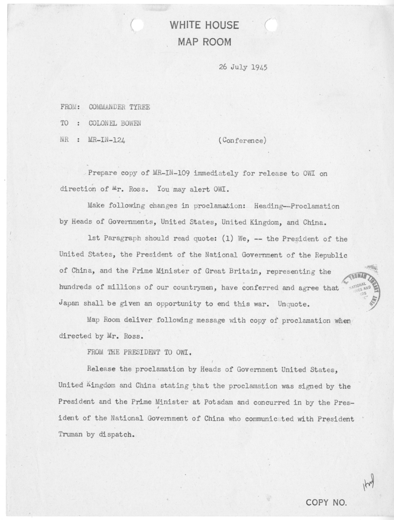 Telegram from Commander John A. Tyree to Colonel Bowen [MR-IN-124]