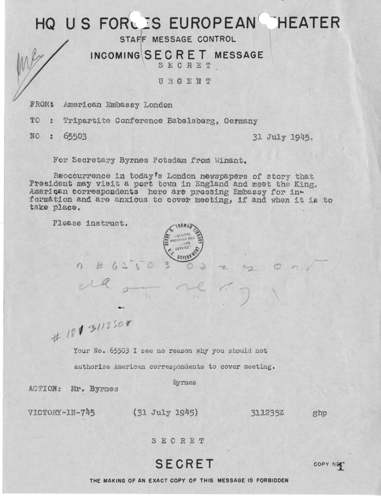 Telegram from the American Embassy in London to the Tripartite Conference Babelsberg in Germany