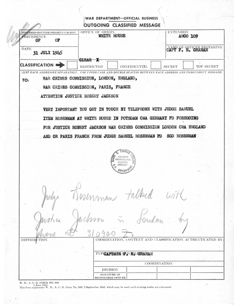 Telegram from Samuel Rosenman to Justice Robert Jackson
