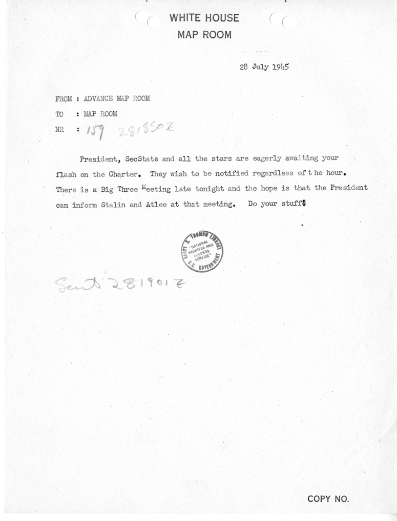 Telegram from the Advance Map Room to the Map Room [159]