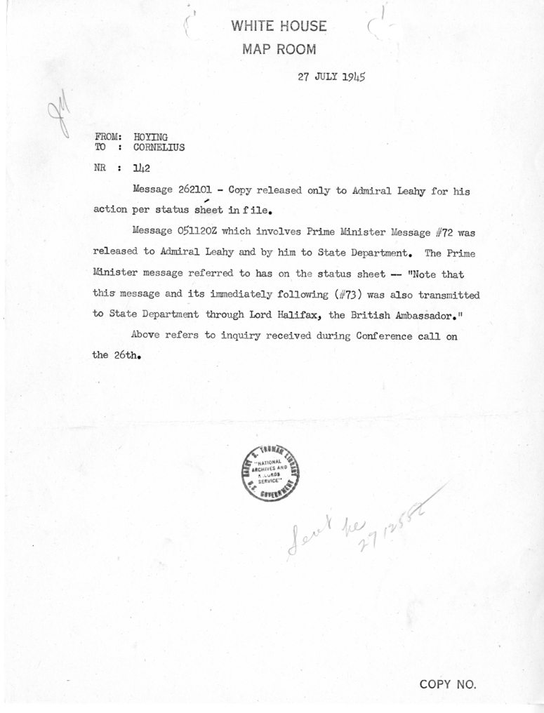 Telegram from Hoying to Cornelius [142]