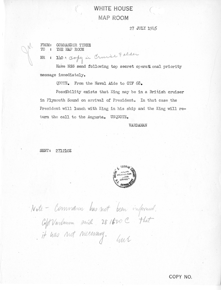 Telegram from Commander John A. Tyree to the Map Room [140]
