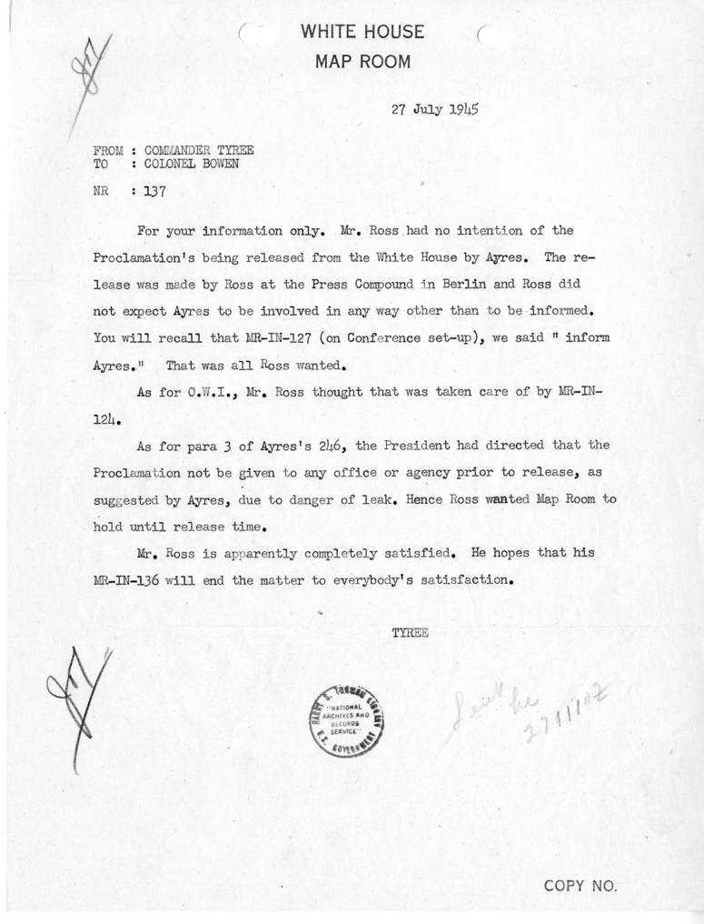 Telegram from Colonel John A. Tyree to Colonel Bowen [137]