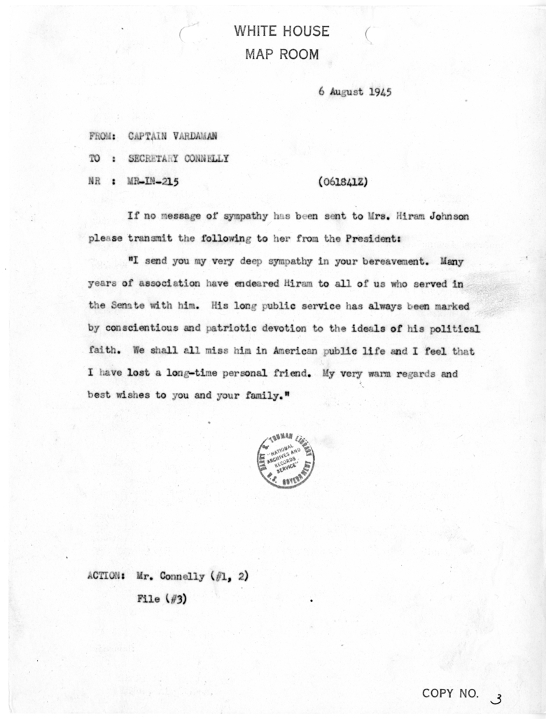 Telegram from Captain James K. Vardaman to Matthew J. Connelly [MR-IN-215]