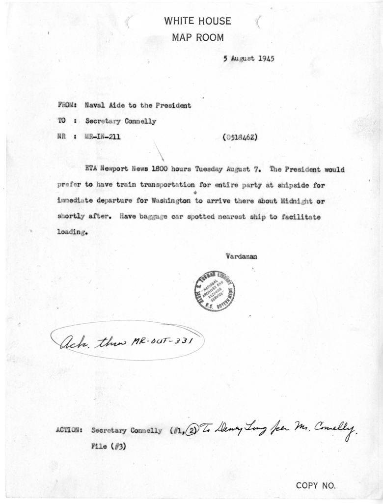 Telegram from Captain James K. Vardaman to Secretary Matthew J. Connelly [MR-IN-211]