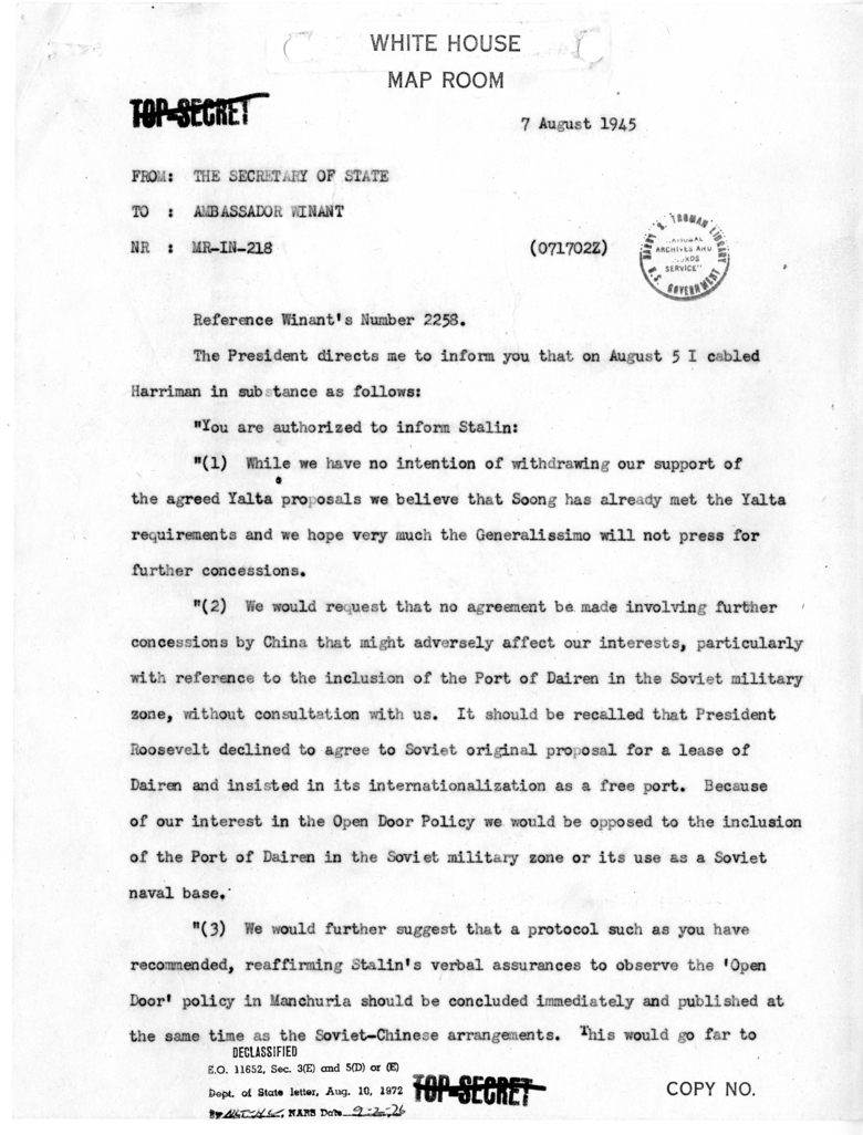 Telegram from Secretary of State James Byrnes to Ambassador John Winant [MR-IN-218]