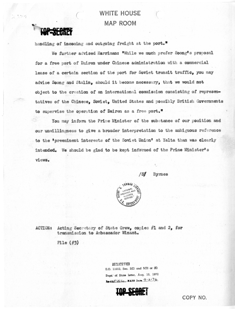 Telegram from Secretary of State James Byrnes to Ambassador John Winant [MR-IN-218]