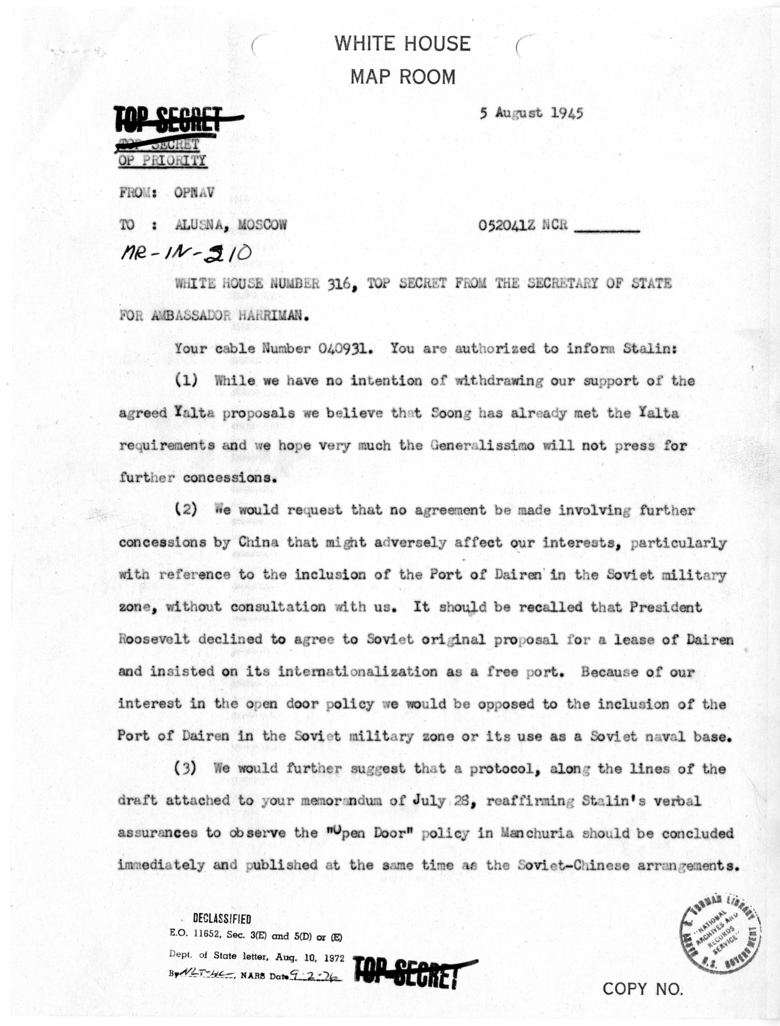 Memorandum from Secretary of State James F. Byrnes to American Legation United States Naval Attache in Moscow [MR-IN-210]