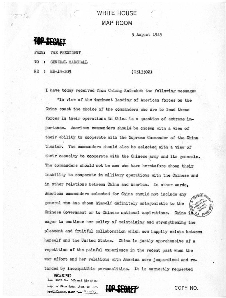 Telegram from President Harry S. Truman to General George C. Marshall [MR-IN-209]