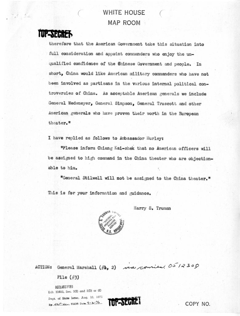 Telegram from President Harry S. Truman to General George C. Marshall [MR-IN-209]