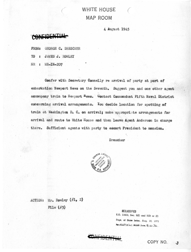 Telegram from George C. Drescher to James J. Rowley [MR-IN-207]