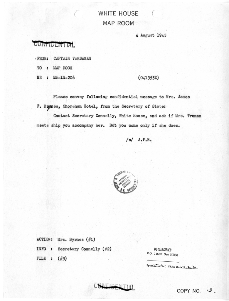 Telegram from Captain James K. Vardaman to the Map Room [MR-IN-206]