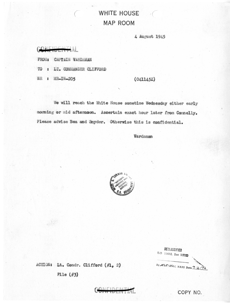 Telegram from Captain James K. Vardaman to Lieutenant Commander Clark Clifford [MR-IN-205]