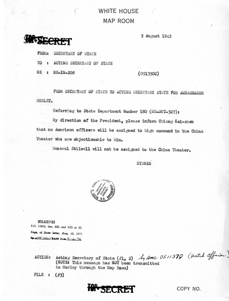 Telegram from Secretary of State James Byrnes to Acting Secretary of State Joseph Grew [MR-IN-208]