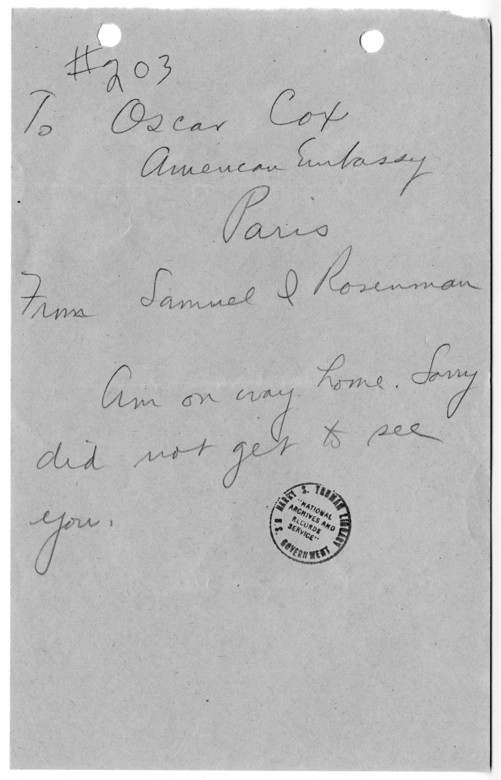 Handwritten Memorandum from Samuel Rosenman to Oscar S. Cox [203]