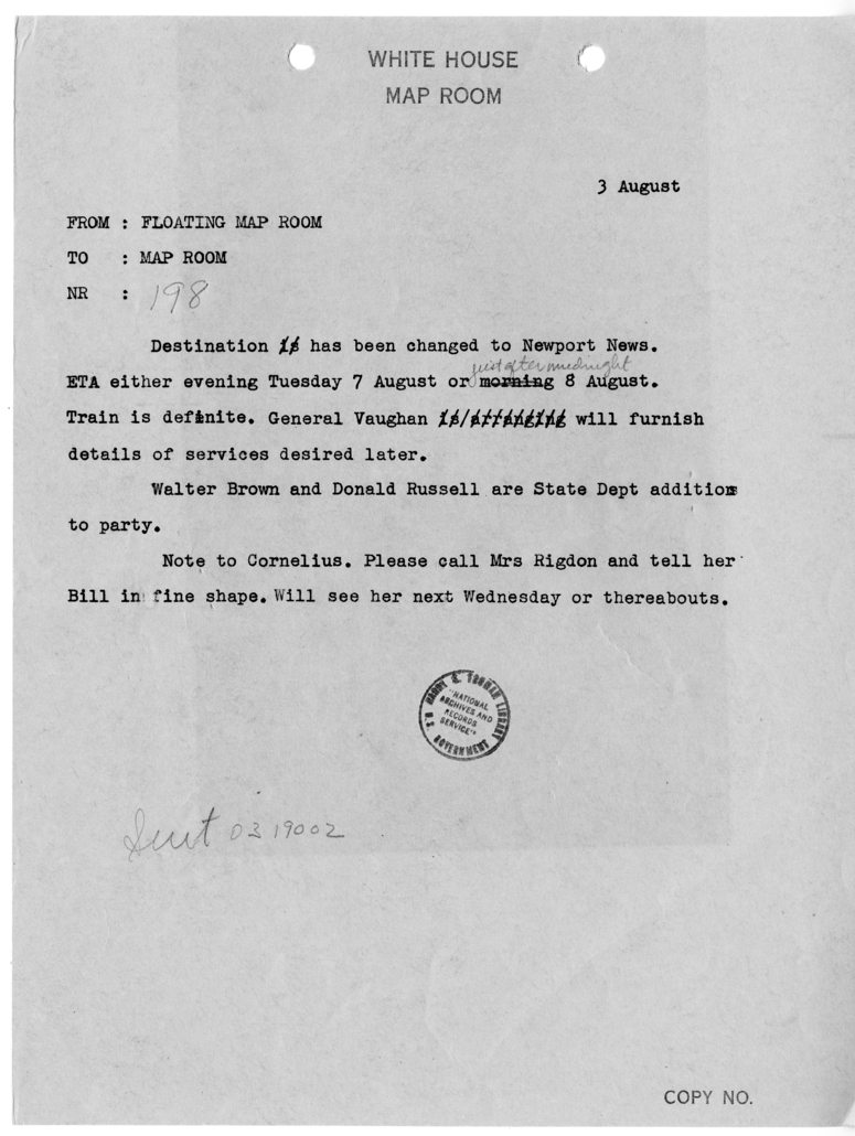 Telegram from the Floating Map Room to the Map Room