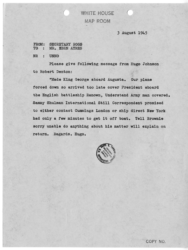 Telegram from Secretary Charles G. Ross to Eben Ayers